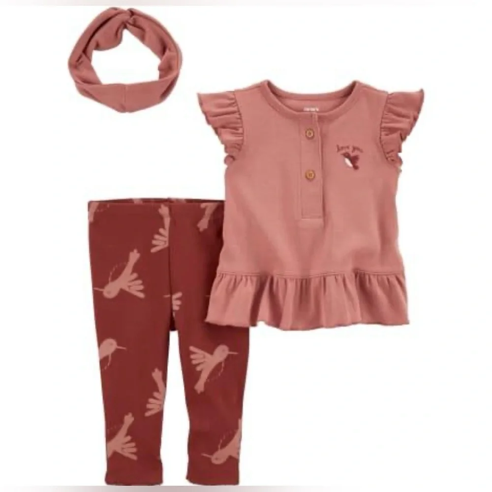 NWT Carter’s Baby Girl 3-Piece Bird Outfit Set | Tee, Leggings & Headwrap | 6M